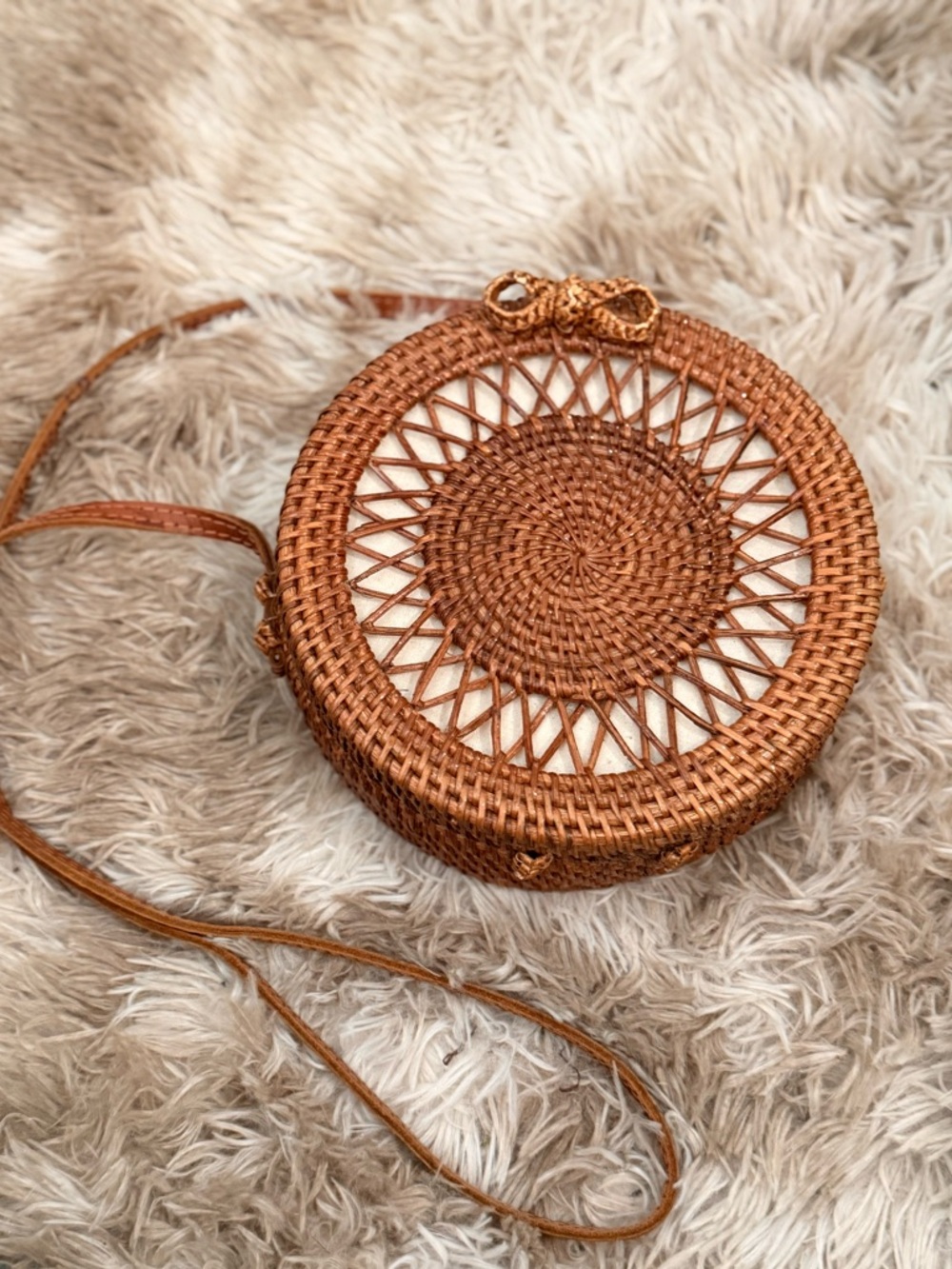 Handwoven Round Crossbody Bag in Tan - Bohemian Straw Shoulder Bag
